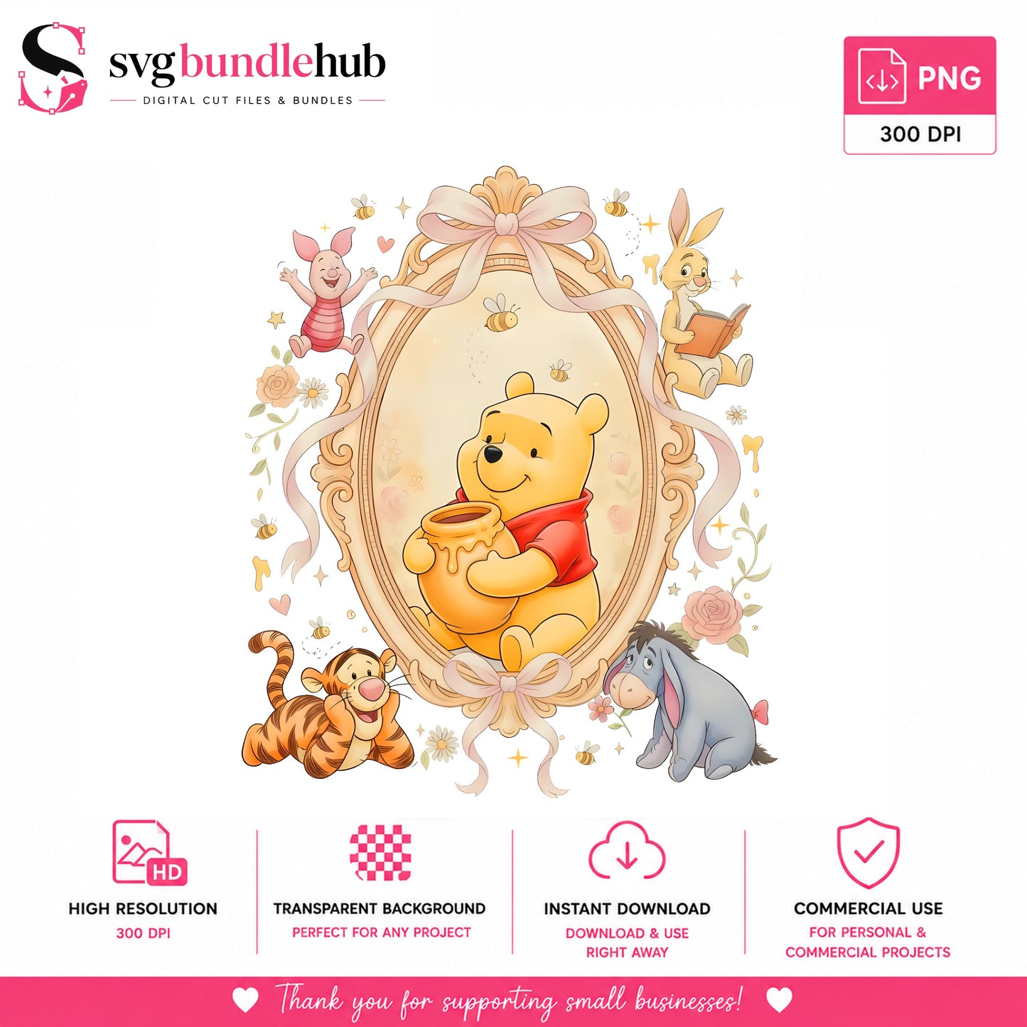 Winnie The Pooh And Friends Coquette PNG, Disney PNG, Floral Mirror PNG