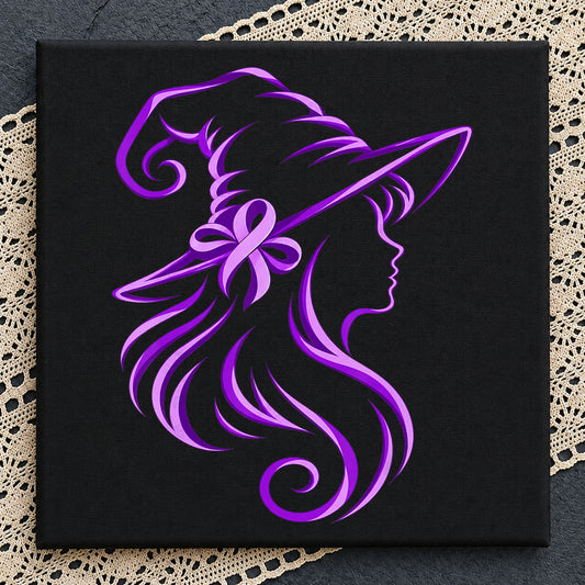 Witch Girl Purple Neon Silhouette Cancer Ribbon, Violet Hat Awareness