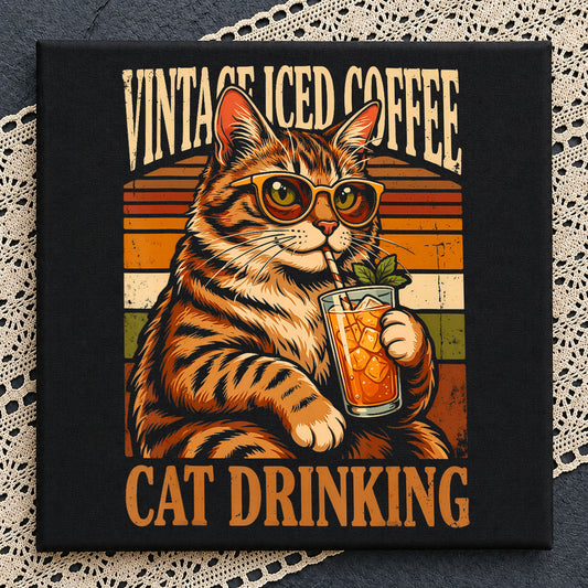 Vintage Iced Coffee Cat Drinking Clipart, Tabby Sunglasses Retro