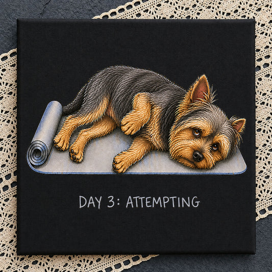 Yorkie Lying On Yoga Mat Day 3 Attempting, Lazy Dog Humor, Funny v4