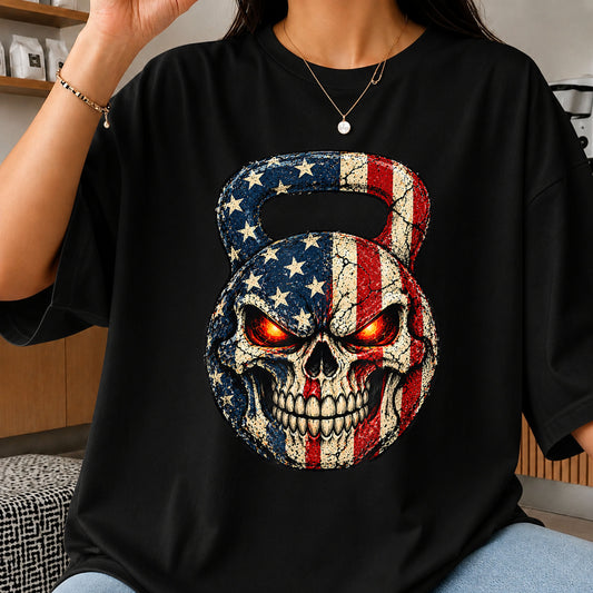 American Flag Skull Kettlebell PNG, Patriotic Gym Clipart