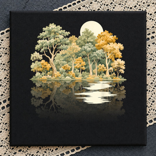 Watercolor Forest Lake Reflection PNG, Nature Trees Clipart, Moon PNG