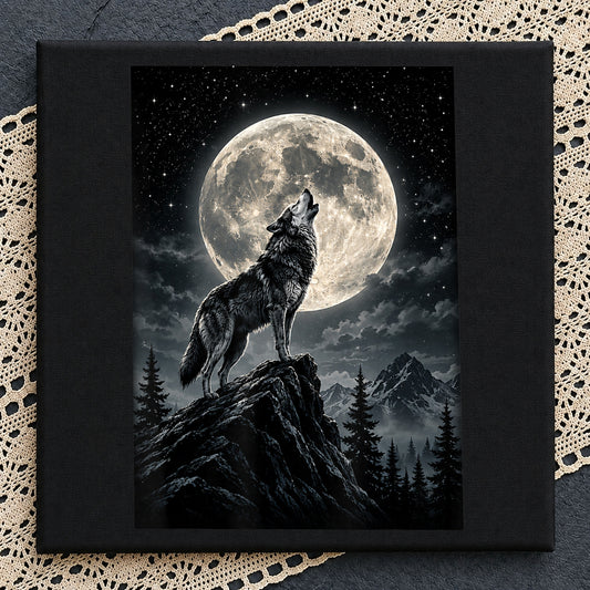 Wolf Howling At Full Moon Rocky Cliff, Dark Forest Mountain Night
