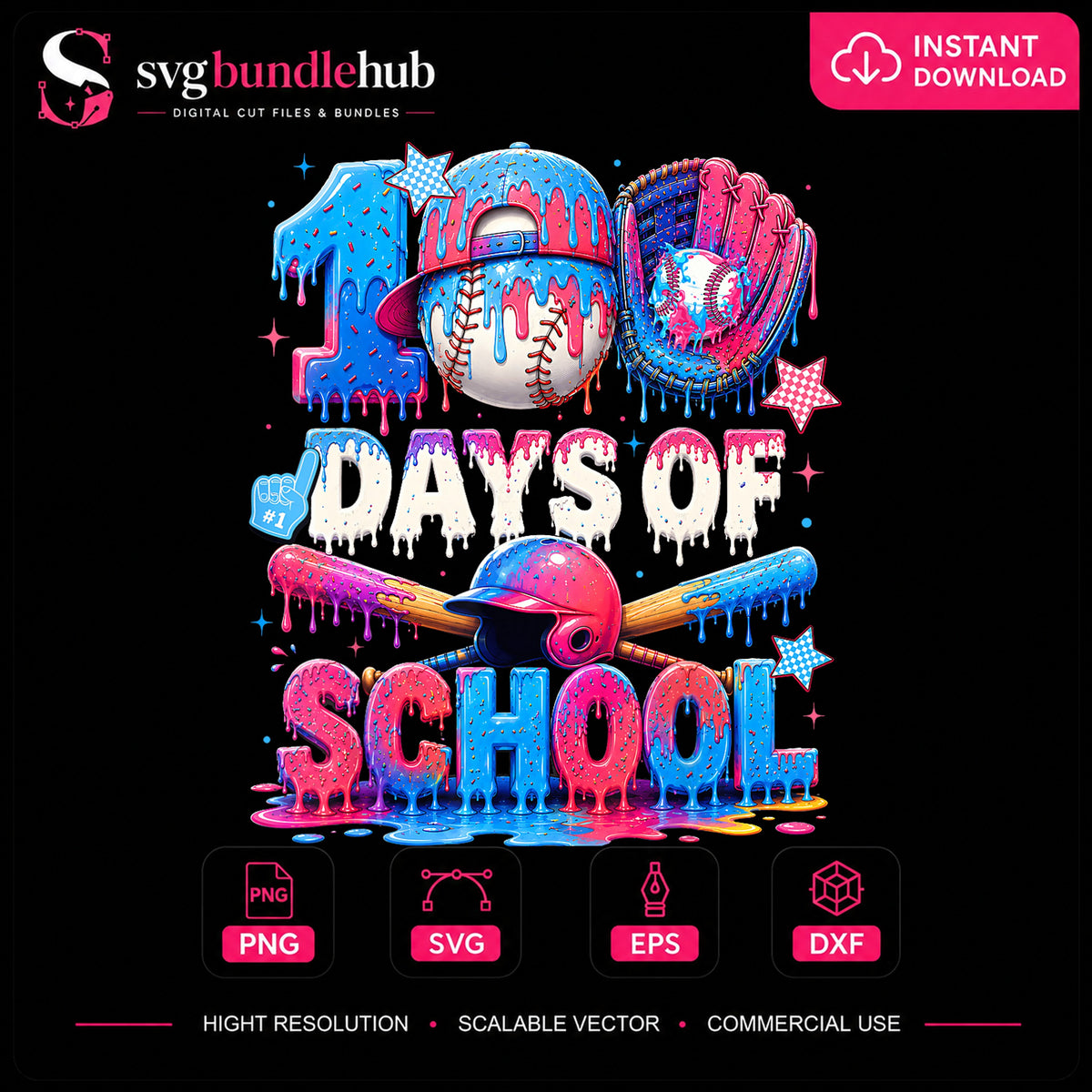 100 Days Of School Baseball Drip Colorful PNG