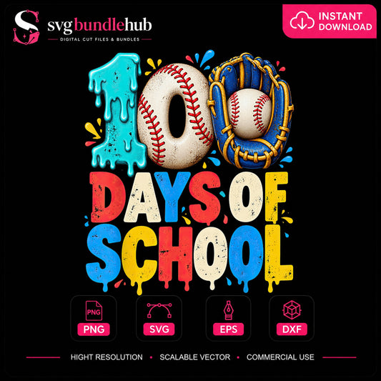100 Days Of School Baseball PNG, Kids Milestone Sublimation
