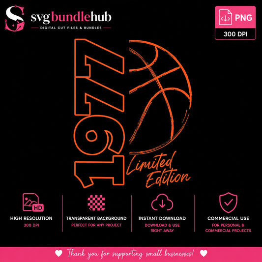 1977 Limited Edition Basketball Clipart, Orange Retro Bold Year Grunge