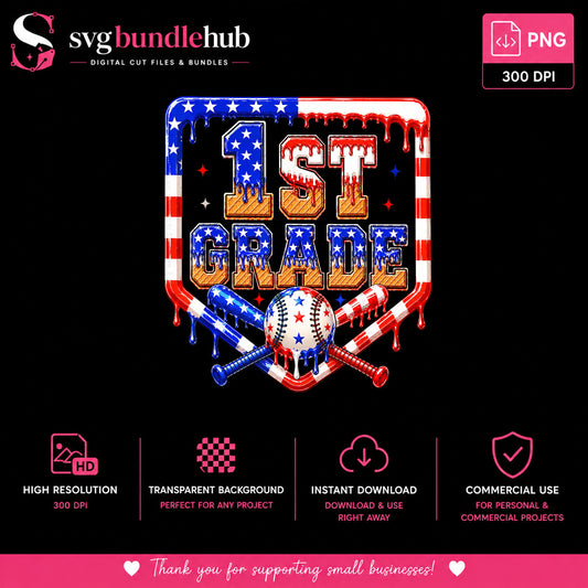 1st Grade Baseball PNG, 4th Of July Back To School PNG, American Flag PNG