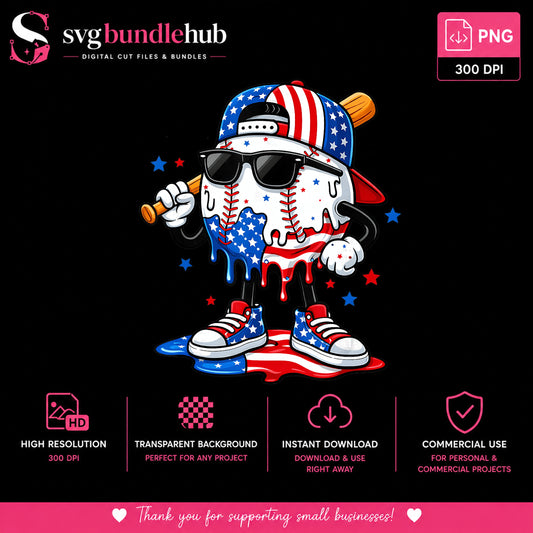 4th Of July Baseball PNG, Patriotic Baseball Drip PNG, American Flag PNG