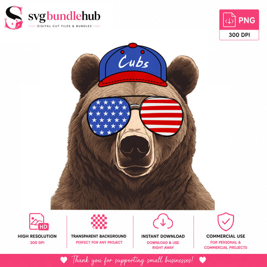 4th Of July Bear PNG, Cubs Hat American Flag, Patriotic PNG