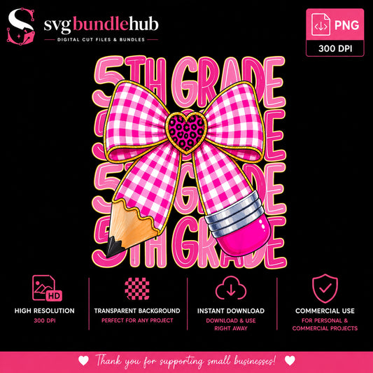 5th Grade Pink Bow Pencil PNG, Coquette School PNG, Fifth Grade PNG