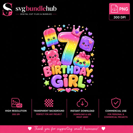 7th Birthday Girl PNG, Rainbow Cute Kawaii Birthday, Birthday Girl PNG