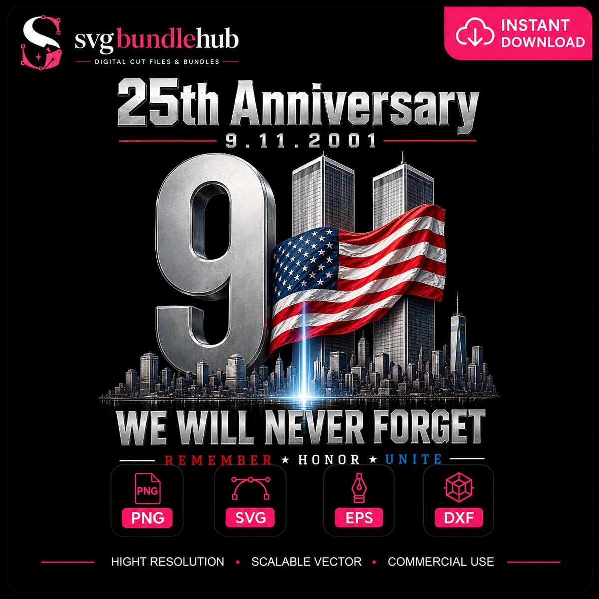 9/11 25th Anniversary We Will Never Forget USA Flag PNG