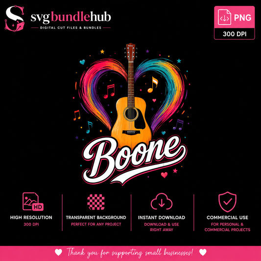 Acoustic Guitar Heart PNG, Boone Music Lover PNG, Colorful Music PNG