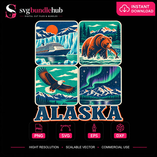 Alaska Cruise Bear Eagle Northern Lights Retro PNG