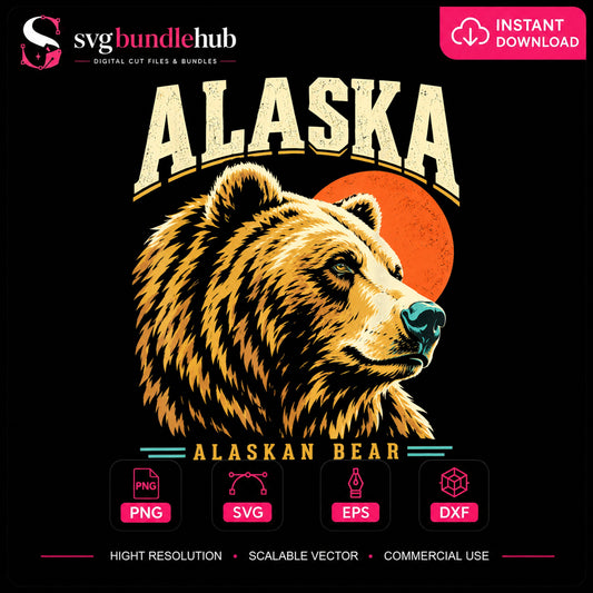 Alaska Grizzly Bear Retro Sunset PNG, Wildlife Clipart