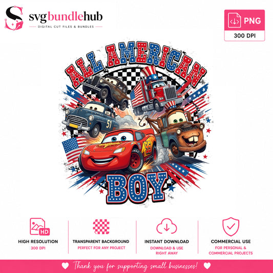 All American Boy Cars 4th of July PNG | SvgBundleHub