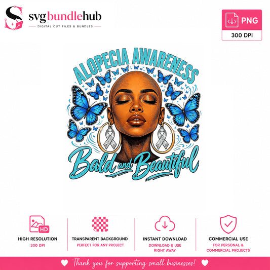 Alopecia Awareness Bald And Beautiful Black Woman, Blue Butterflies