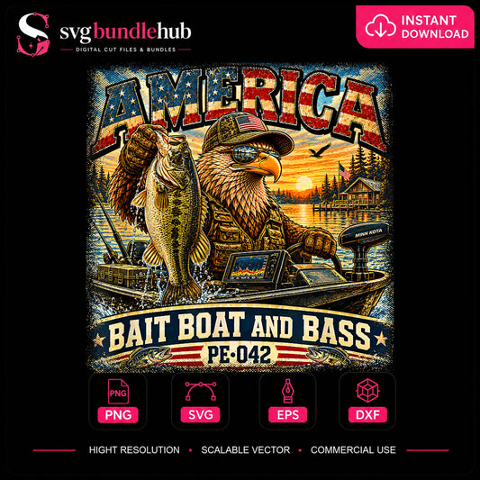 America Bait Boat And Bass Eagle Fishing Patriotic PNG