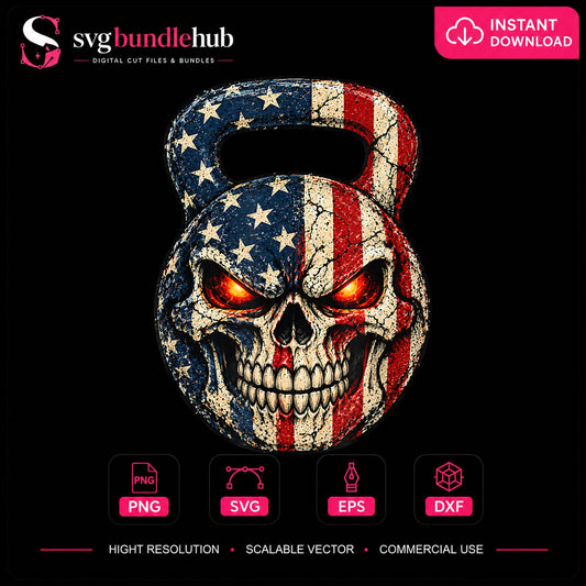 American Flag Skull Kettlebell PNG, Patriotic Gym Clipart