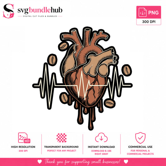 Anatomical Heart Coffee Beans Heartbeat, Drip Sketch Clipart, Neon v2