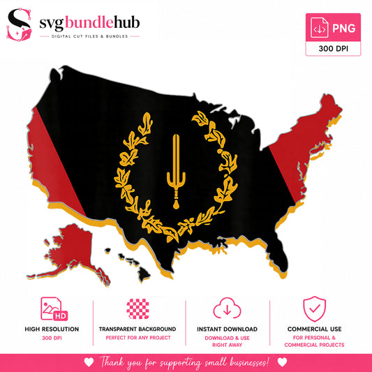 Angola Flag USA Map Clipart, Black Red Gold Cactus Wreath, Patriot PNG