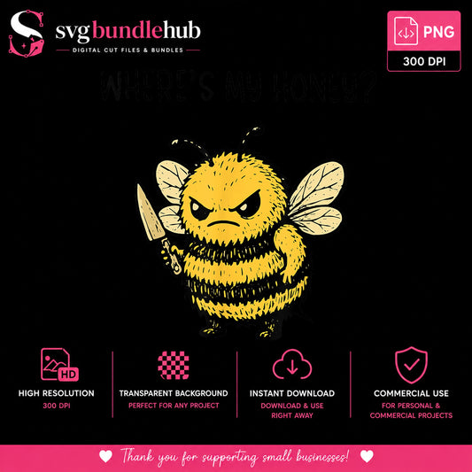 Angry Bee Holding Knife Clipart, Yellow Grumpy Killer Bee, Funny Print