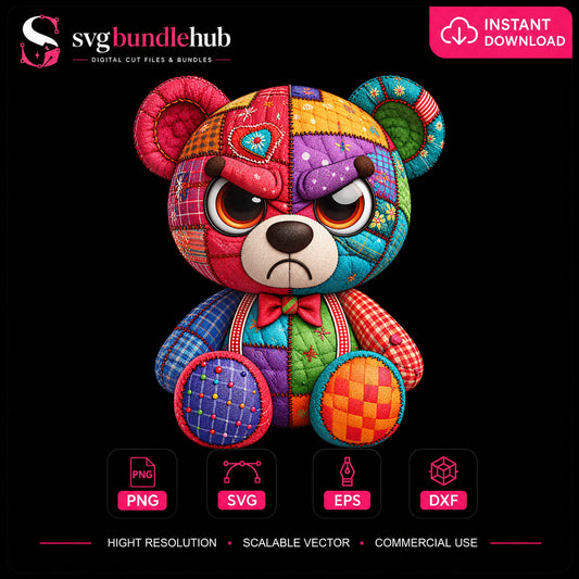 Angry Patchwork Teddy Bear PNG, Colorful Quilted Toy Clipart