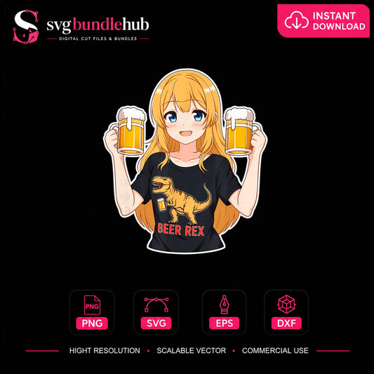 Anime Girl Beer Rex Dinosaur Drinking Clipart Art PNG