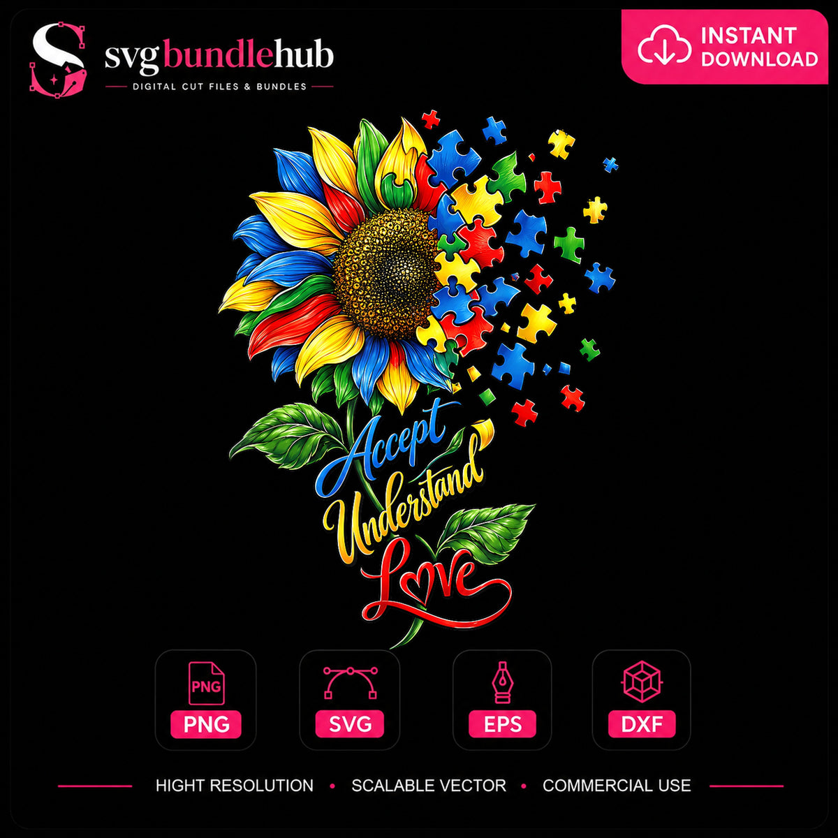 Autism Sunflower Accept Understand Love Sublimation PNG