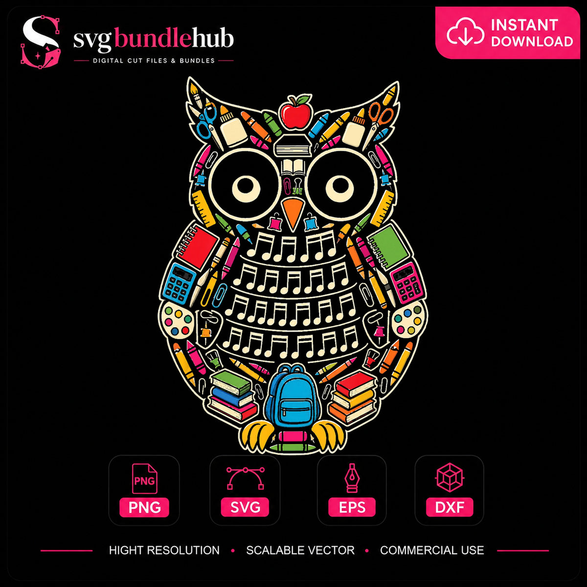 Back To School Owl Colorful School Supplies Art PNG