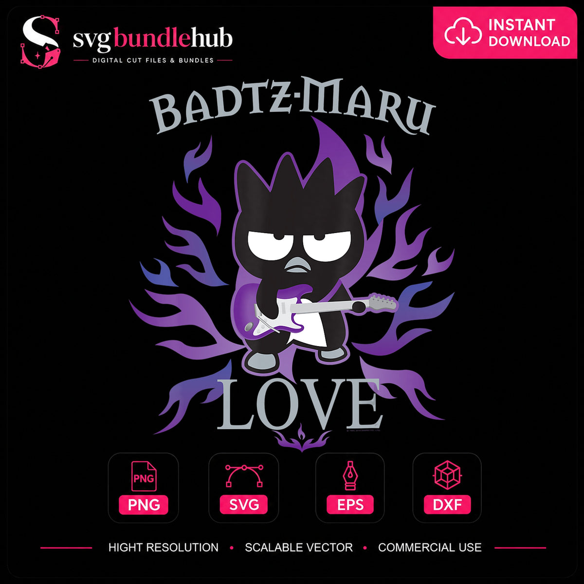 Badtz-Maru Love Guitar Rock Purple Flames PNG