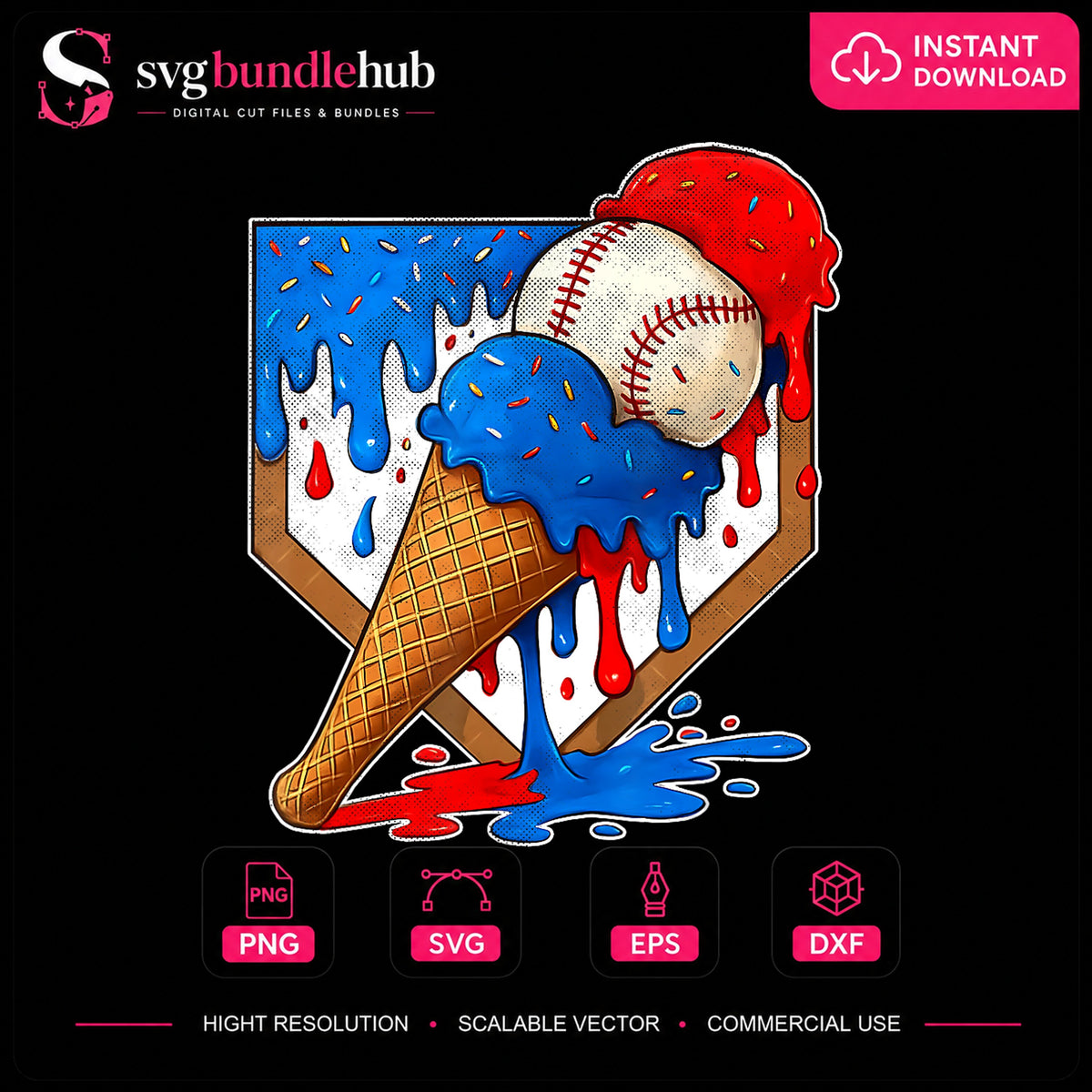 Baseball Ice Cream Cone Drip Red Blue Patriotic PNG
