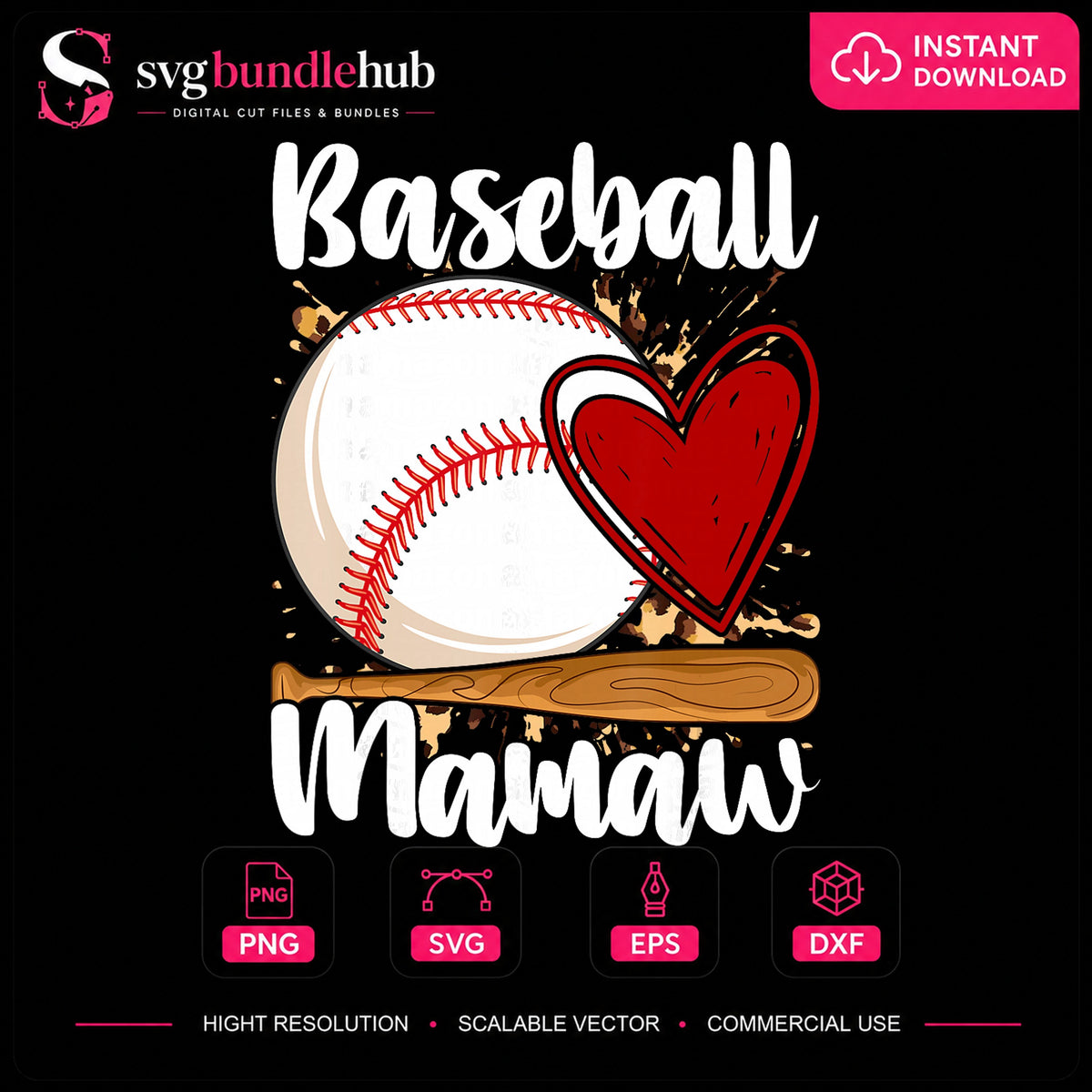 Baseball Mamaw Heart Bat Sports Mom Grandma PNG