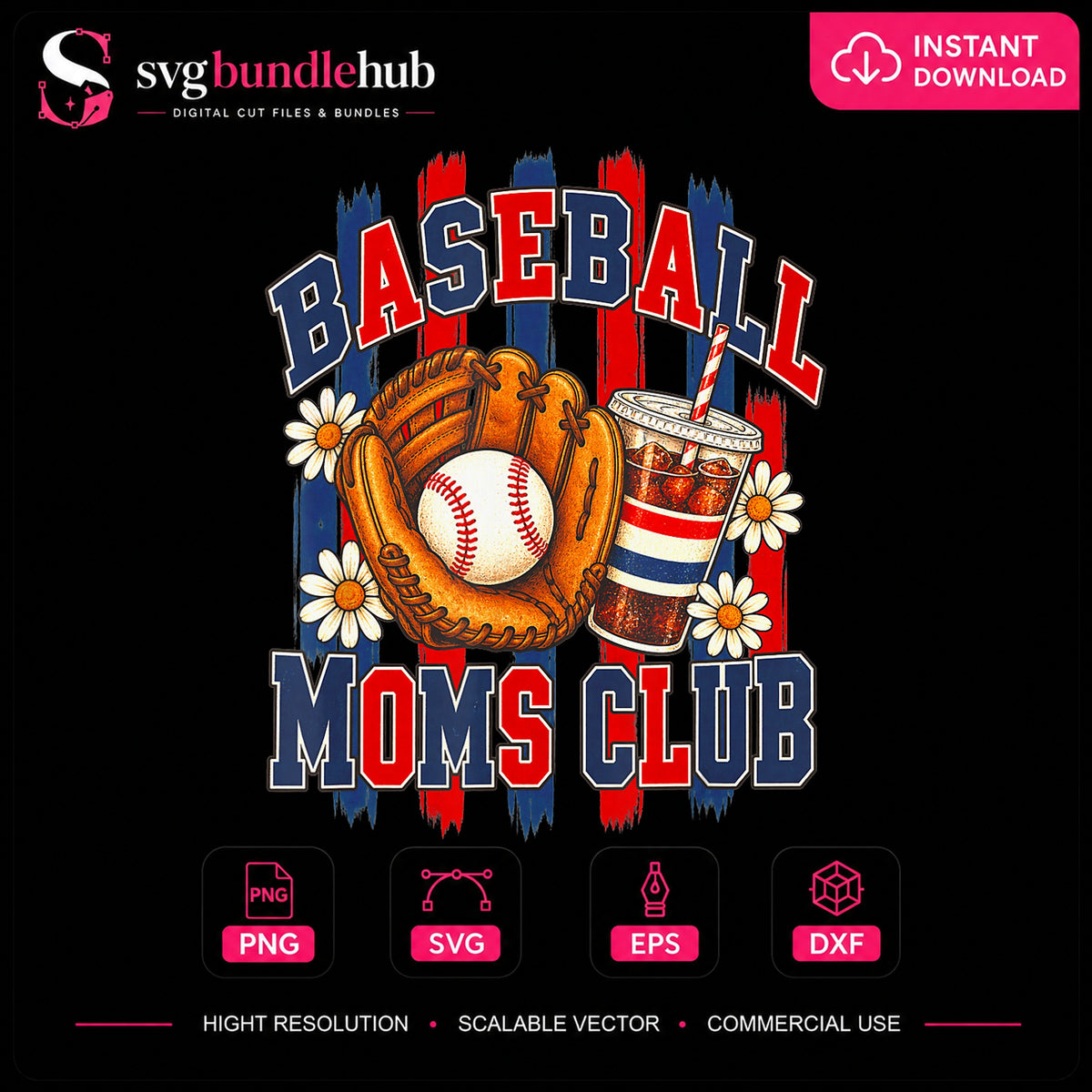 Baseball Moms Club Daisy Glove Drink Retro PNG