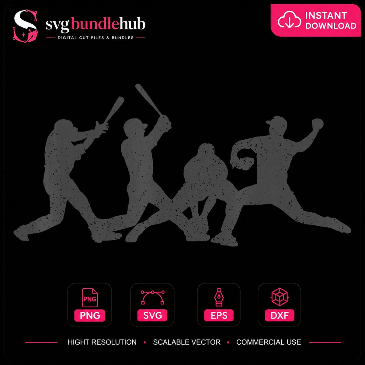 Baseball Players Grunge Silhouette Sports Clipart Art PNG