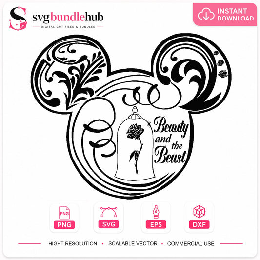 Beauty And The Beast Mickey Head SVG, Disney SVG PNG, Rose SVG