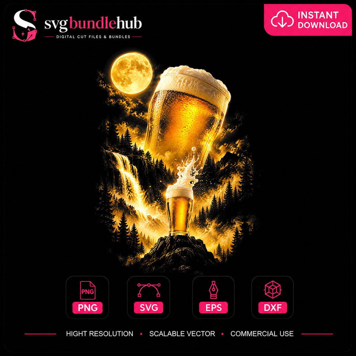 Beer Glass Full Moon Forest Waterfall Mystic Night PNG