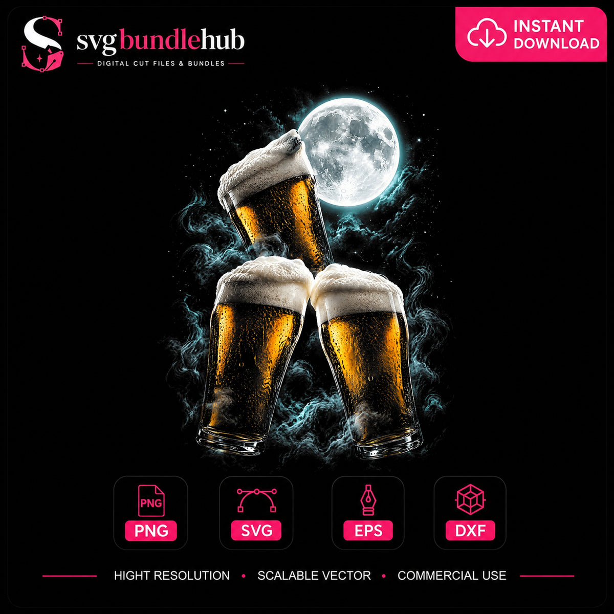 Beer Glasses Full Moon Mystic Night Drinking PNG