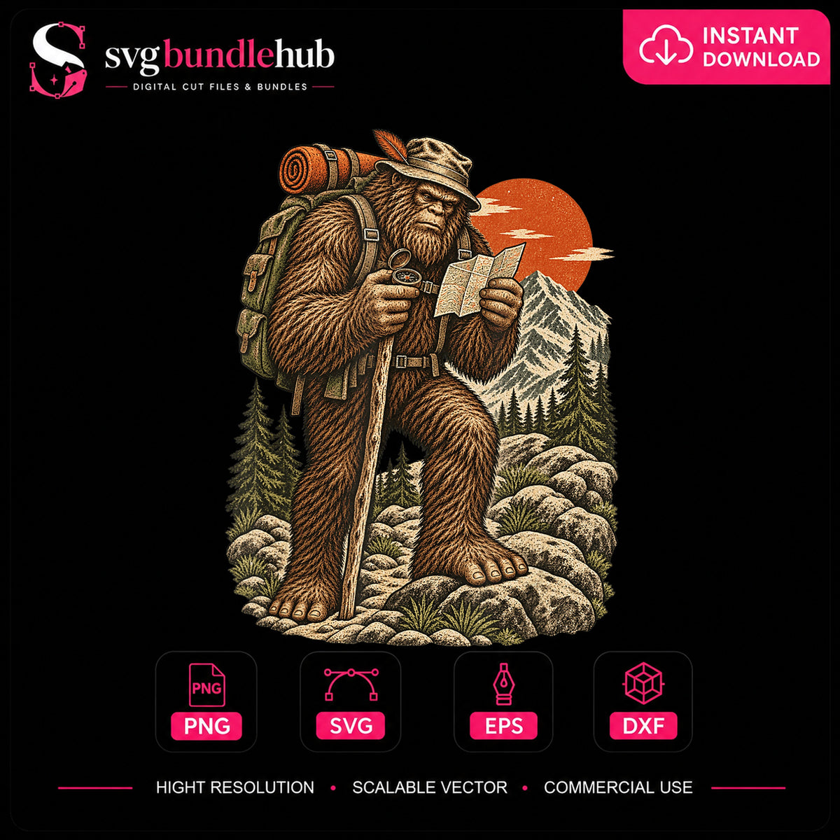 Bigfoot Hiker Reading Map Mountain Adventure PNG