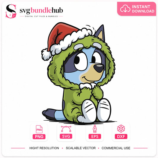 Bluey As Grinch Christmas Clipart, Santa Hat Green Costume, Holiday