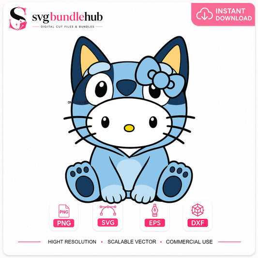 Bluey Hello Kitty Mashup Sitting Pose, Blue Cat Bow Crossover, Clipart