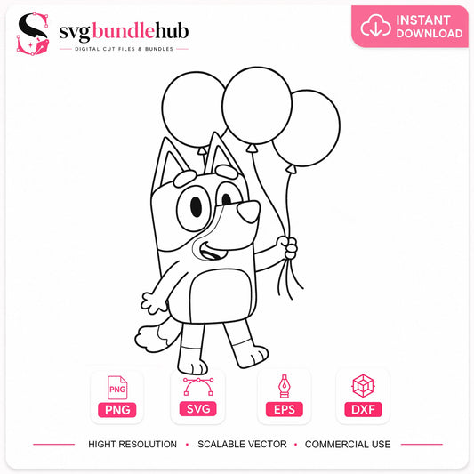 Bluey Holding Balloons SVG, Concert Clipart Design v4