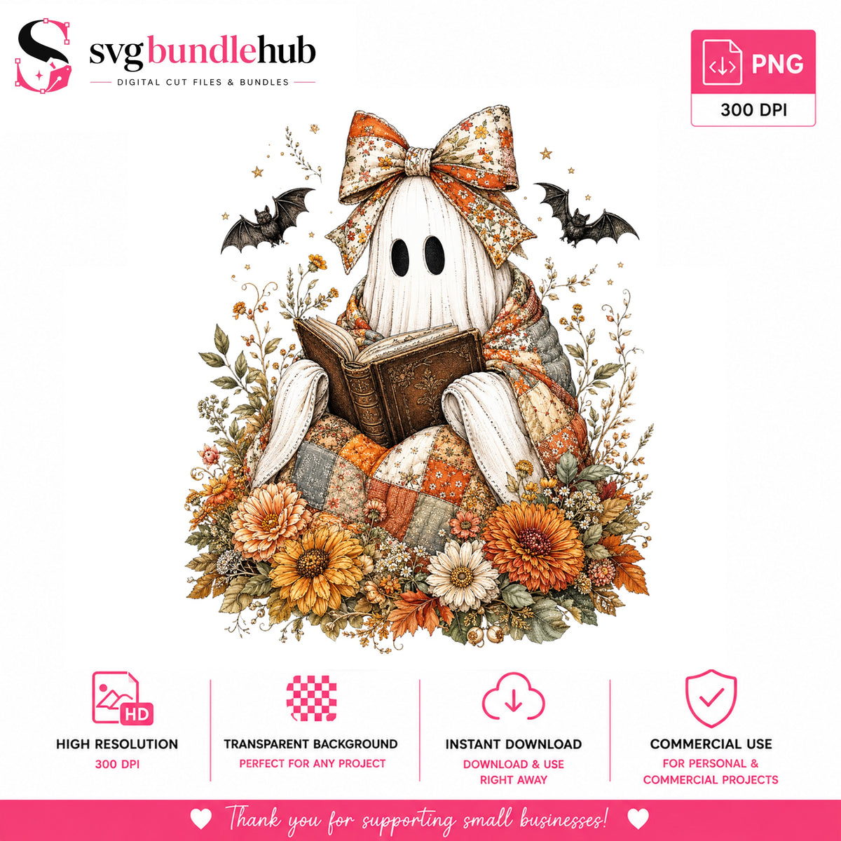 Boho Ghost Reading Book Halloween PNG | SvgBundleHub