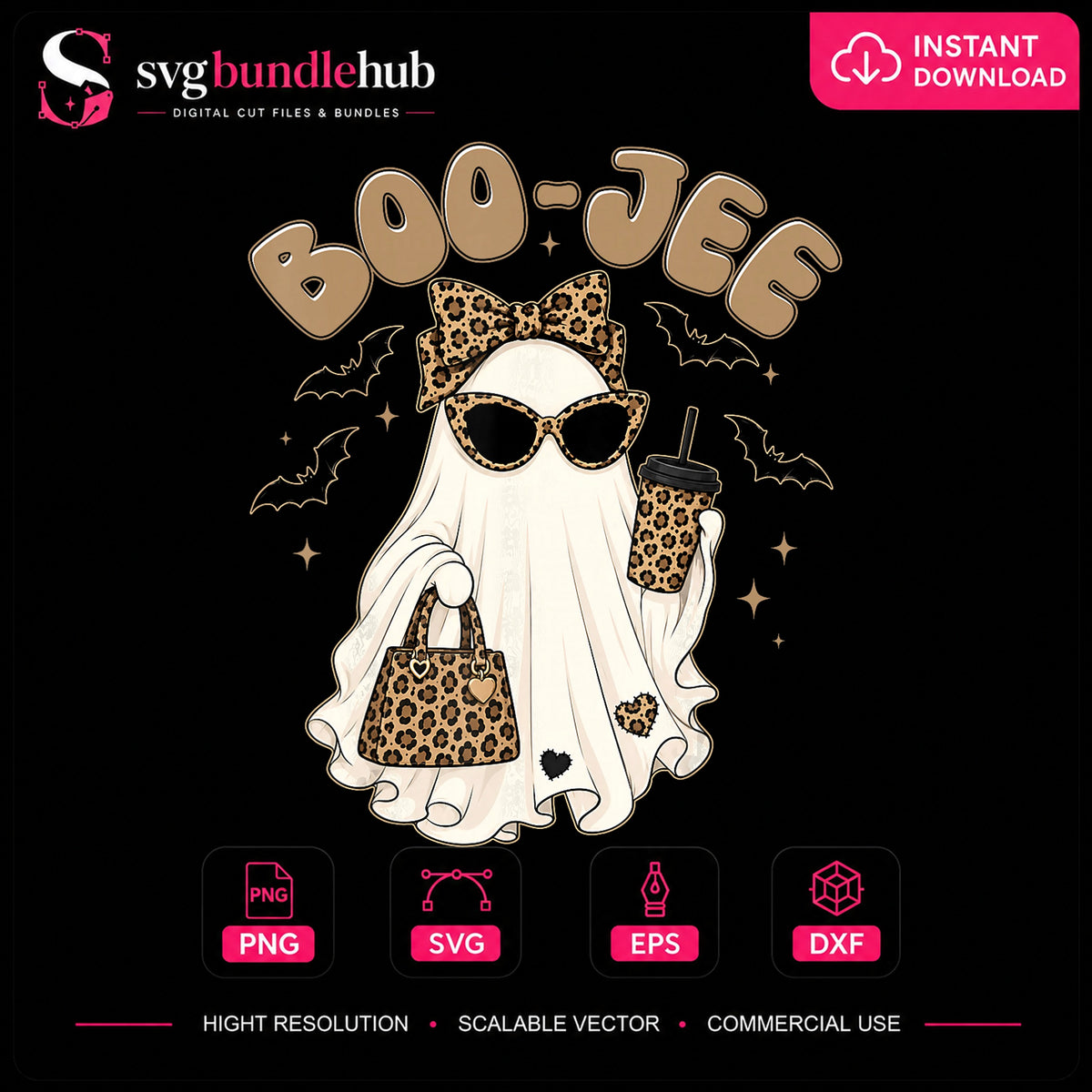Boo-Jee Ghost Leopard Print Bow Halloween PNG