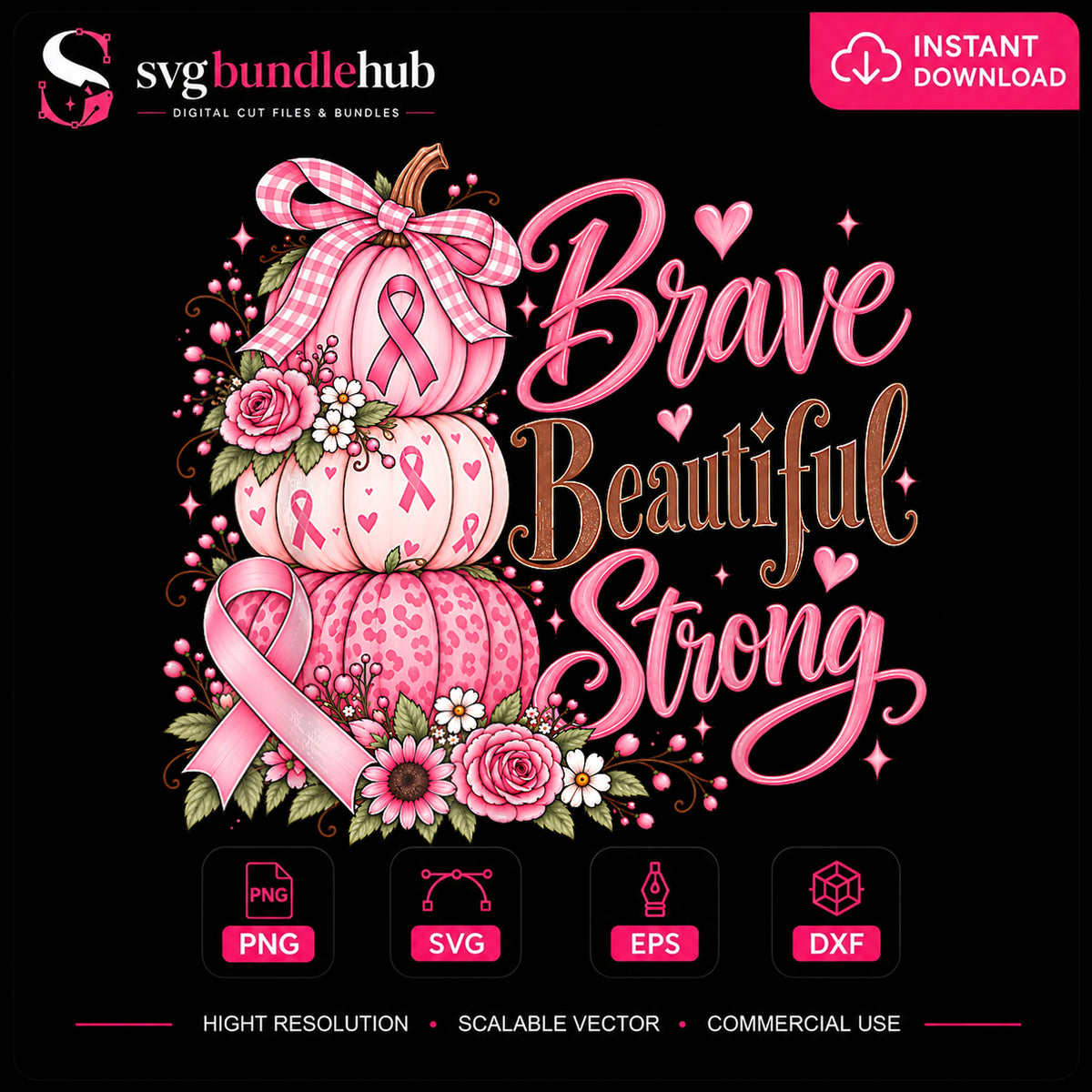 Brave Beautiful Strong Pumpkin Breast Cancer Awareness PNG