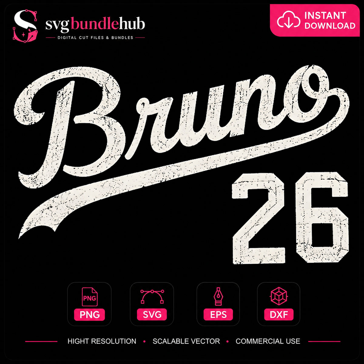 Bruno 26 Varsity Script Distressed Grunge Sports PNG