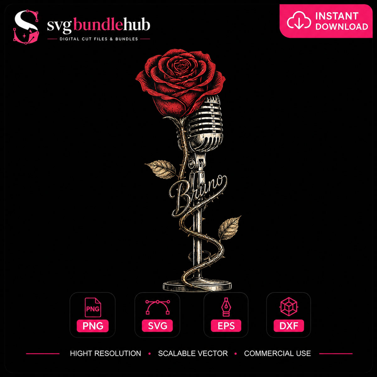 Bruno Mars Vintage Microphone Red Rose Music PNG