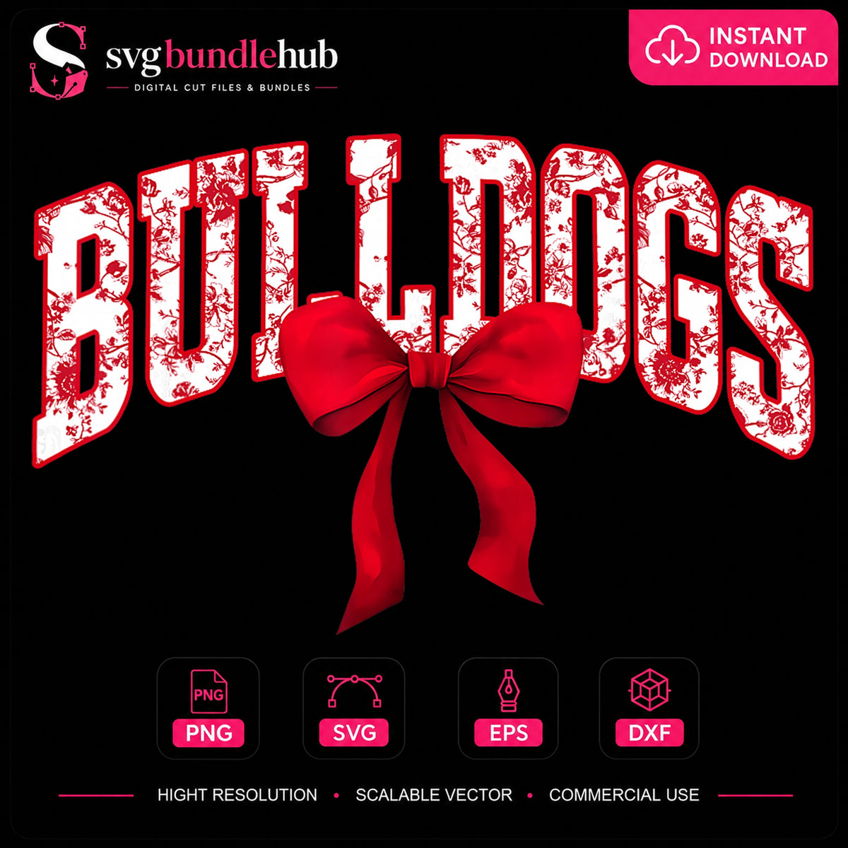 Bulldogs Coquette Red Bow Floral Varsity Letters PNG