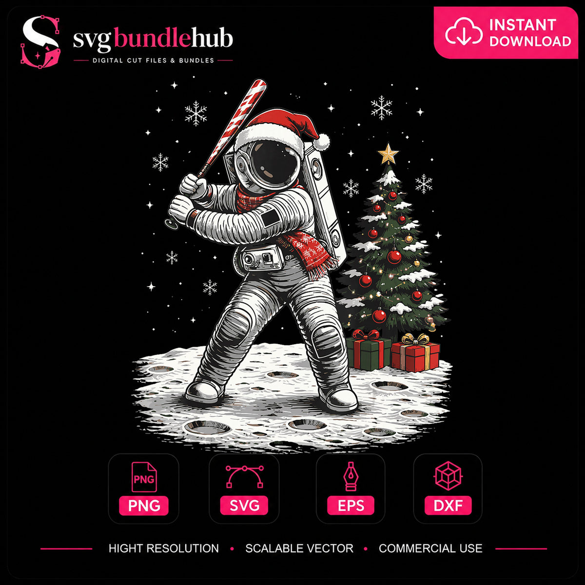 Christmas Astronaut Baseball Batter Santa Hat Moon PNG