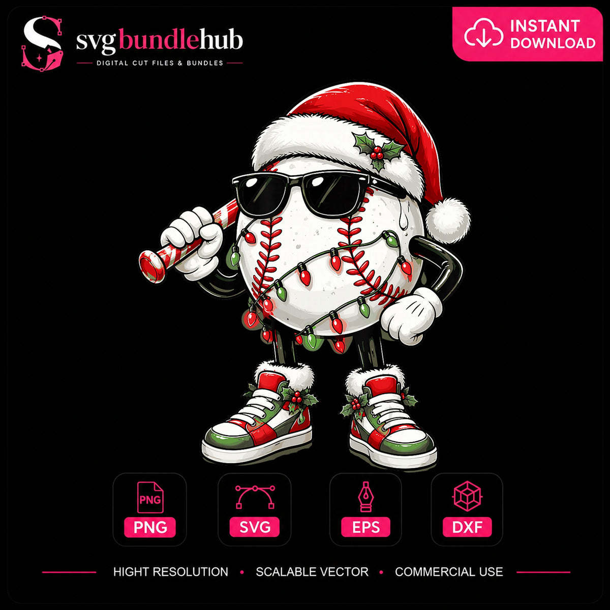 Christmas Baseball Character Santa Hat Sunglasses PNG